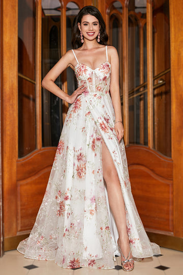 Vestido de fiesta largo corsé de flor de marfil bordado con abertura